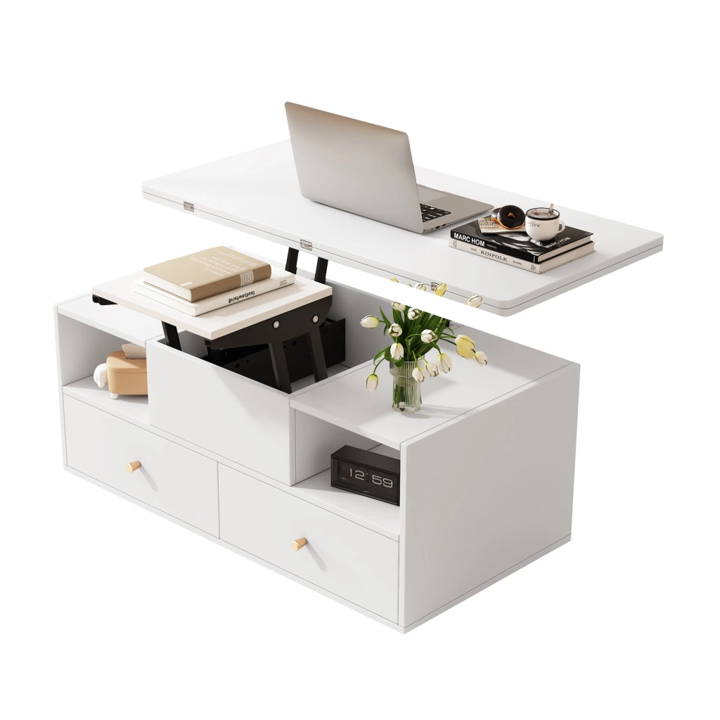 Tavolino da Salotto Alzabile con 4 Cassetti e Ruote; Piano Pieghevole; per Soggiorno; in MDF; Bianco; 100×50×47;5 cm