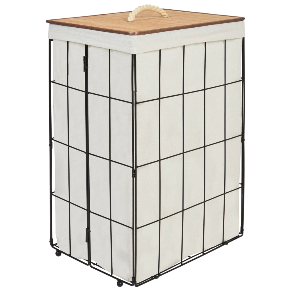 Cesto portabiancheria in metallo con coperchio rimovibile in bambù nero e legno chiaro stile moderno