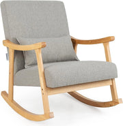 Sedia a Dondolo, Sedia Ergonomica Relax con Schienale Alto e Cuscino Seduta Imbottito, Struttura in Legno di Gomma Naturale e Cuscino Lombare Morbino, Poltrona Moderno per Soggiorno (Grigio)