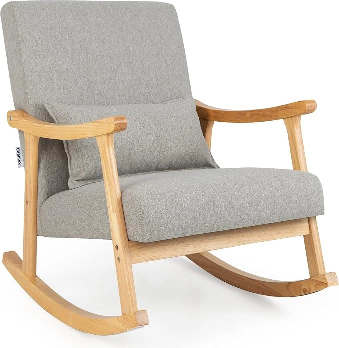 Sedia a Dondolo, Sedia Ergonomica Relax con Schienale Alto e Cuscino Seduta Imbottito, Struttura in Legno di Gomma Naturale e Cuscino Lombare Morbino, Poltrona Moderno per Soggiorno (Grigio)