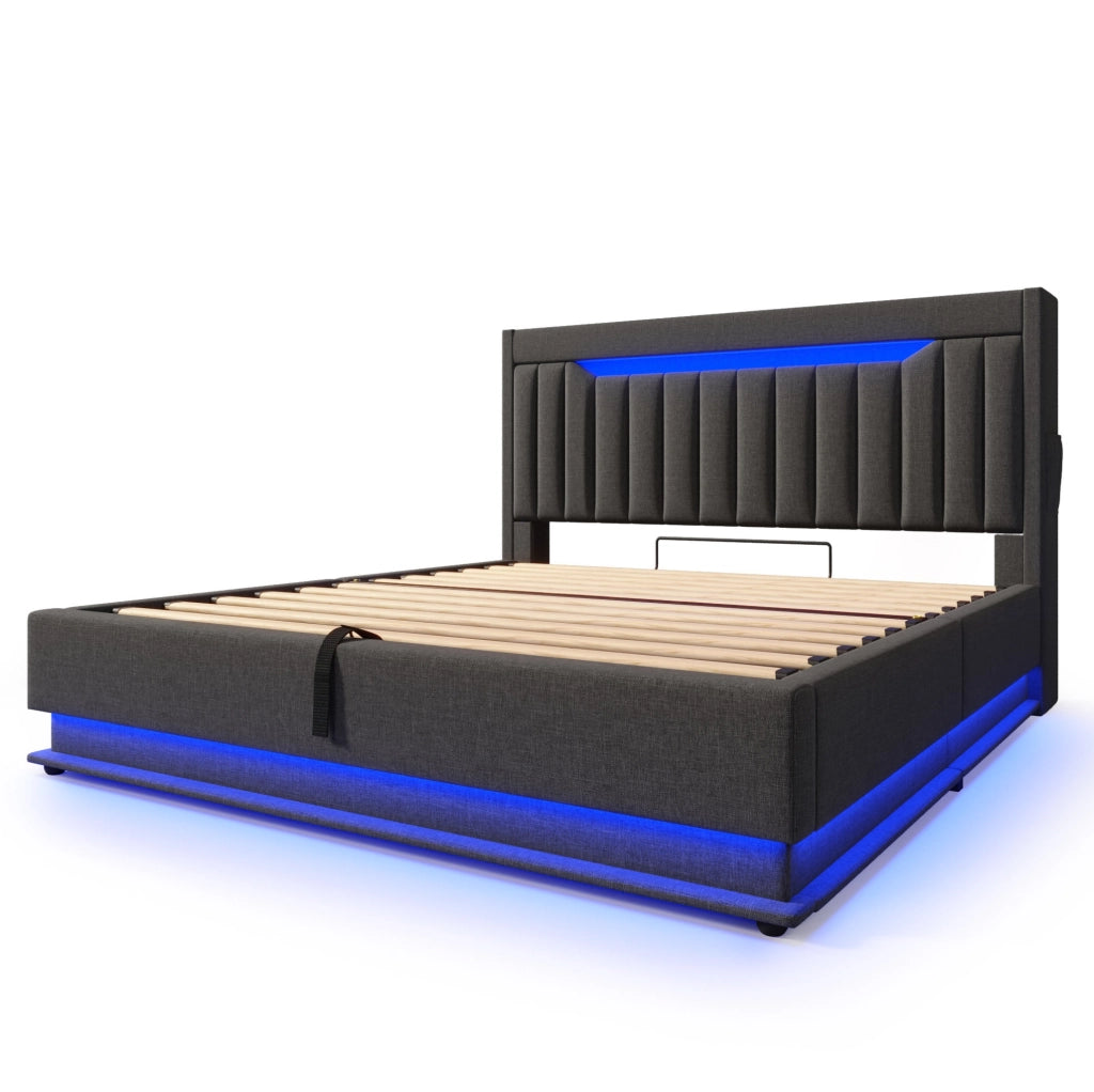 Letto matrimoniale 180x200 cm in lino grigio con LED; USB; Type-C e contenitore idraulico