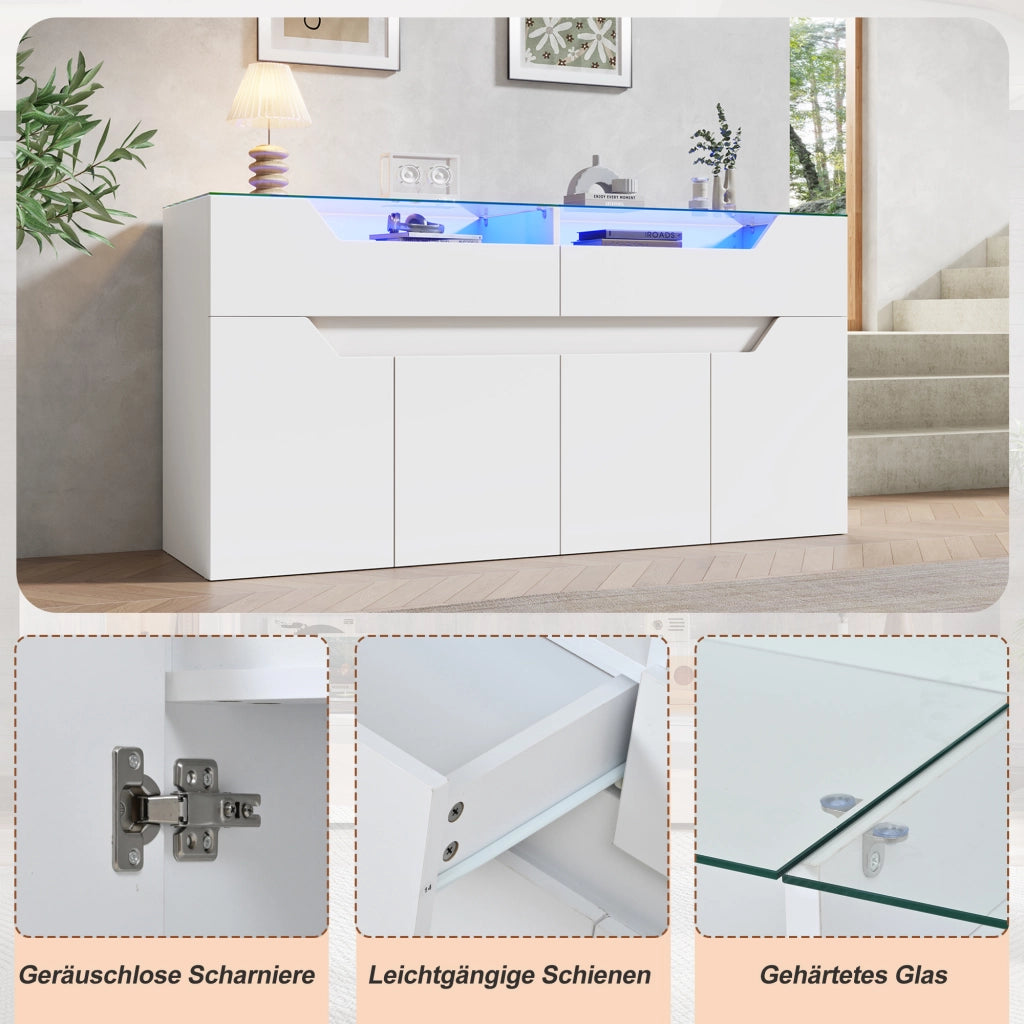 Credenza e madia con piano in vetro temperato, 2 cassetti e 2 ante, per sala da pranzo e soggiorno, bianco, 140 × 40 × 70 cm