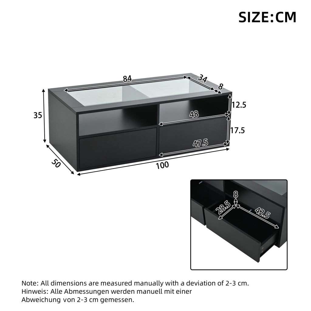 Tavolino da caffè con 2 cassetti; LED e USB - per soggiorno - 100x50x35 cm - nero