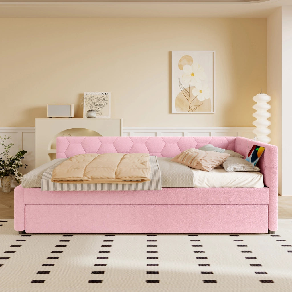LETTO 90x200 cm in Bouclé Rosa con letto estraibile, USB e Tipo-C