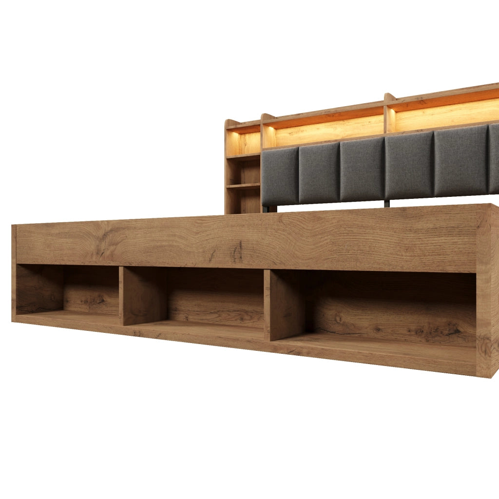 Letto 160x200 cm con LED e prese USB; contenitore e comodini mobili in legno colore quercia