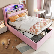 OKWISH Letto Contenitore 90×200 cm, Letto Singolo con LED Regolabile, USB, Type-C e Contenitore, senza Materasso, in Tessuto, Rosa