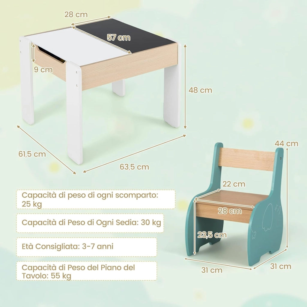 3 in 1 Set Tavolo e Sedie per Bambini, Tavolo da Attività per Bambini con 2 Sedie, Lavagna Rimovibile e Deposito, per Giocare, Disegnare e Leggere, in Legno (Multicolori)