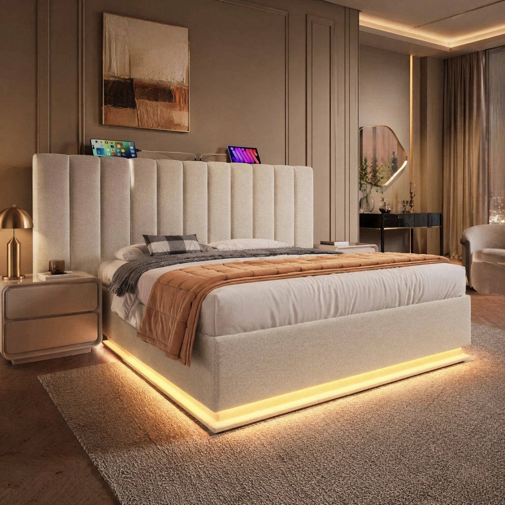 LETTO Contenitore 160x200 cm Beige in lino con LED e ricarica USB-C