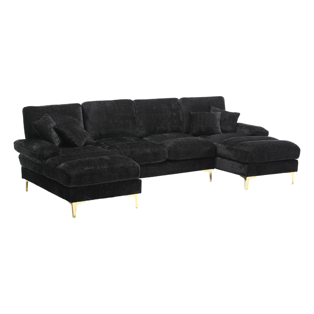 Divano a U con 2 Chaise Longue e 6 Cuscini; Design Ergonomico e Gambe in Metallo; Ciniglia Nero 272 × 136 × 88 cm