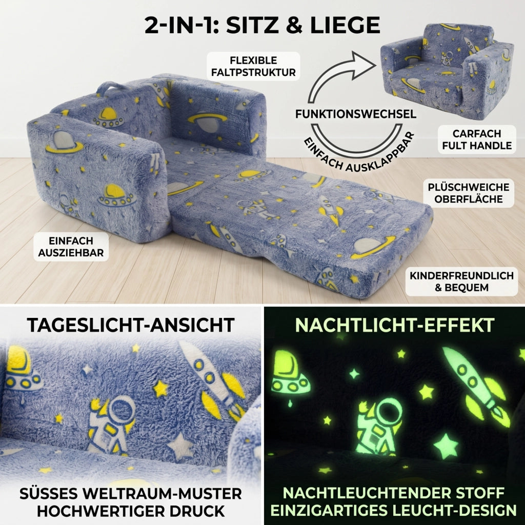Poltrona pieghevole per bambini con funzione luminosa e motivo astronauta in tessuto e metallo blu verde bianco