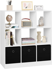 Libreria Bianca, Libreria a 9 Cubi Portaoggetti, Scaffale in Legno con 3 Cassetti in Tessuto Non Tessuto, per Soggiorno, Camera da Letto, Ufficio, 80x30x86,5 cm, SK041ws