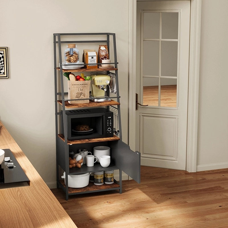 Scaffale da cucina per microonde in rovere rustico, grande e pratico, con ganci in stile loft