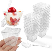 Dessertiere Mini Quadrati con Cucchiaio - 50 pezzi - 60 ml - con Leva - Set di Dessertiere - per Matrimoni - Compleanni - Feste - Argento