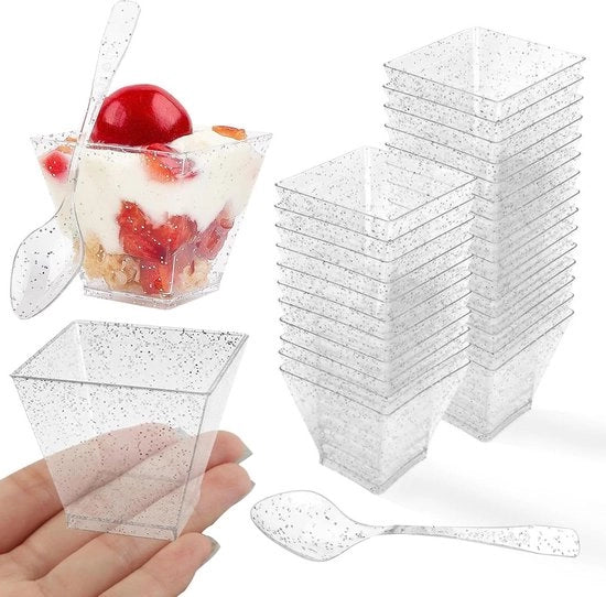 Dessertiere Mini Quadrati con Cucchiaio - 50 pezzi - 60 ml - con Leva - Set di Dessertiere - per Matrimoni - Compleanni - Feste - Argento