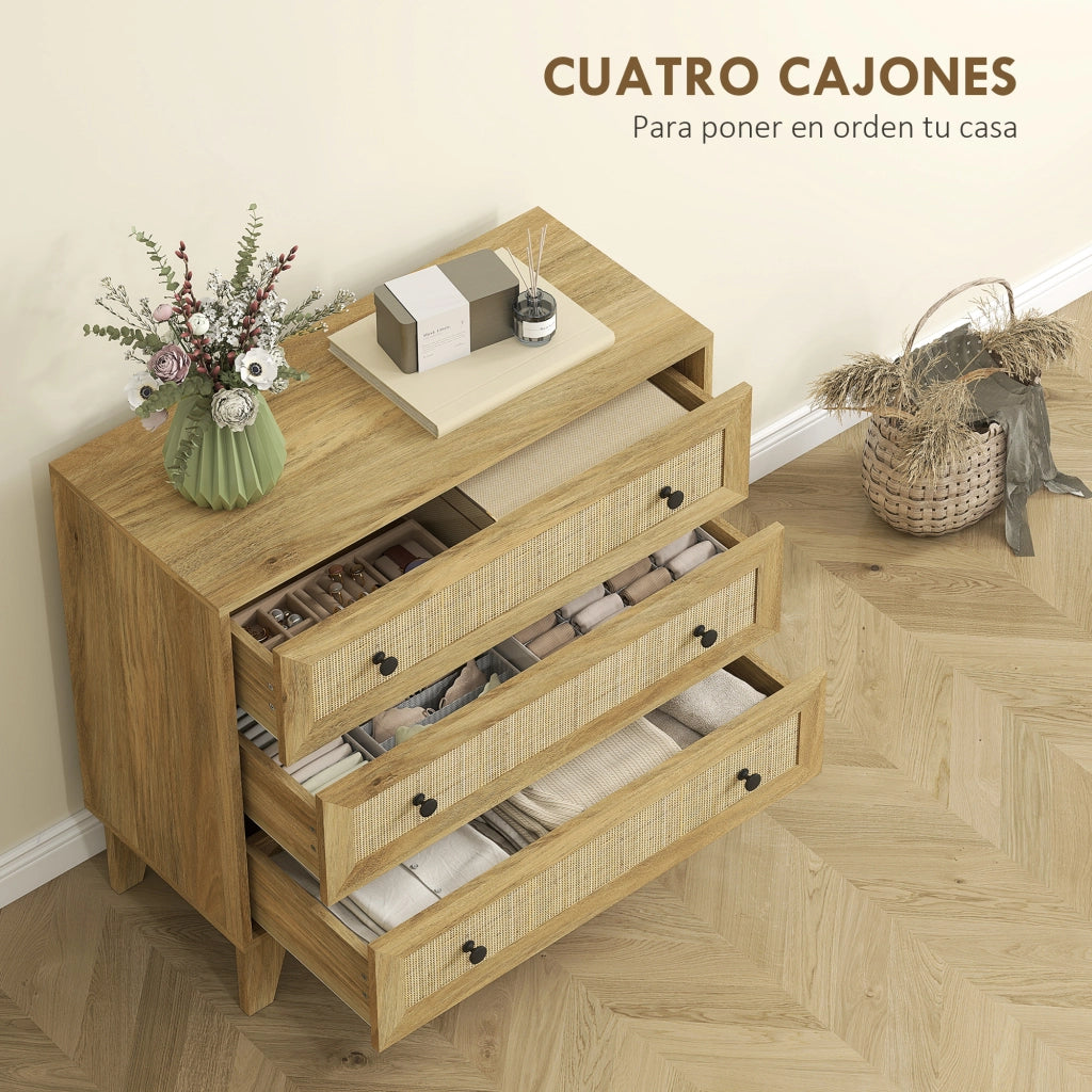 Cassettiera con 3 Cassetti in Legno e Frontale in Rattan ¨C Minimal ¨C 80x35x76 cm Colore Naturale