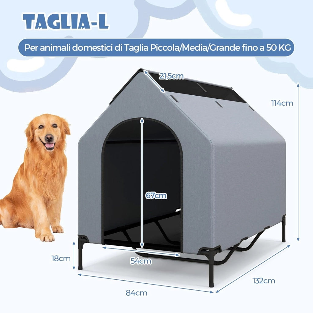 Casetta per Cani, Letto Rialzato per Cani con Copertura Rimovibile ed Impermeabile e Finestre Ventilate, Cuccia Cane Esterno ed Interno Taglia Piccola/Media/Grande (84 x 132 x 114 cm)
