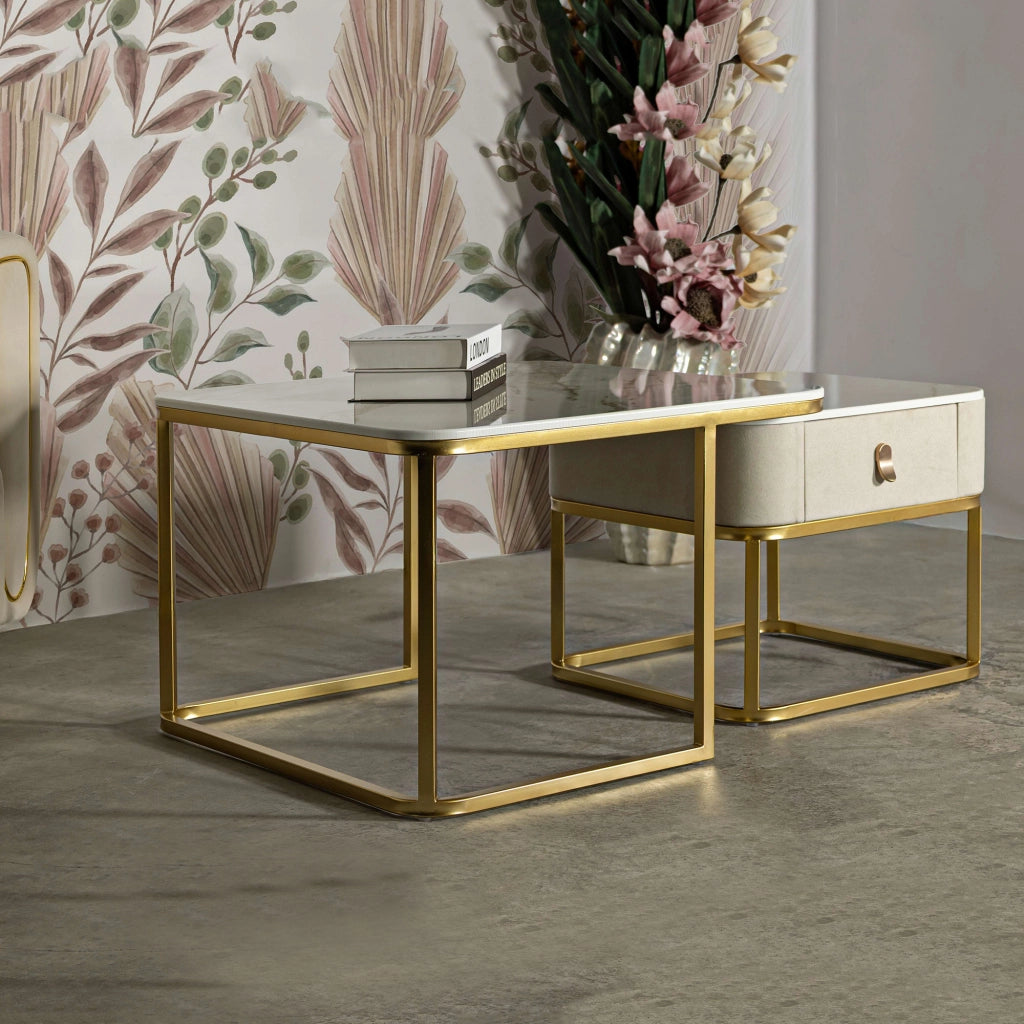Davarere, Tavolino da Salotto un Cassetto, 70x70x48h cm Bianco Marmo