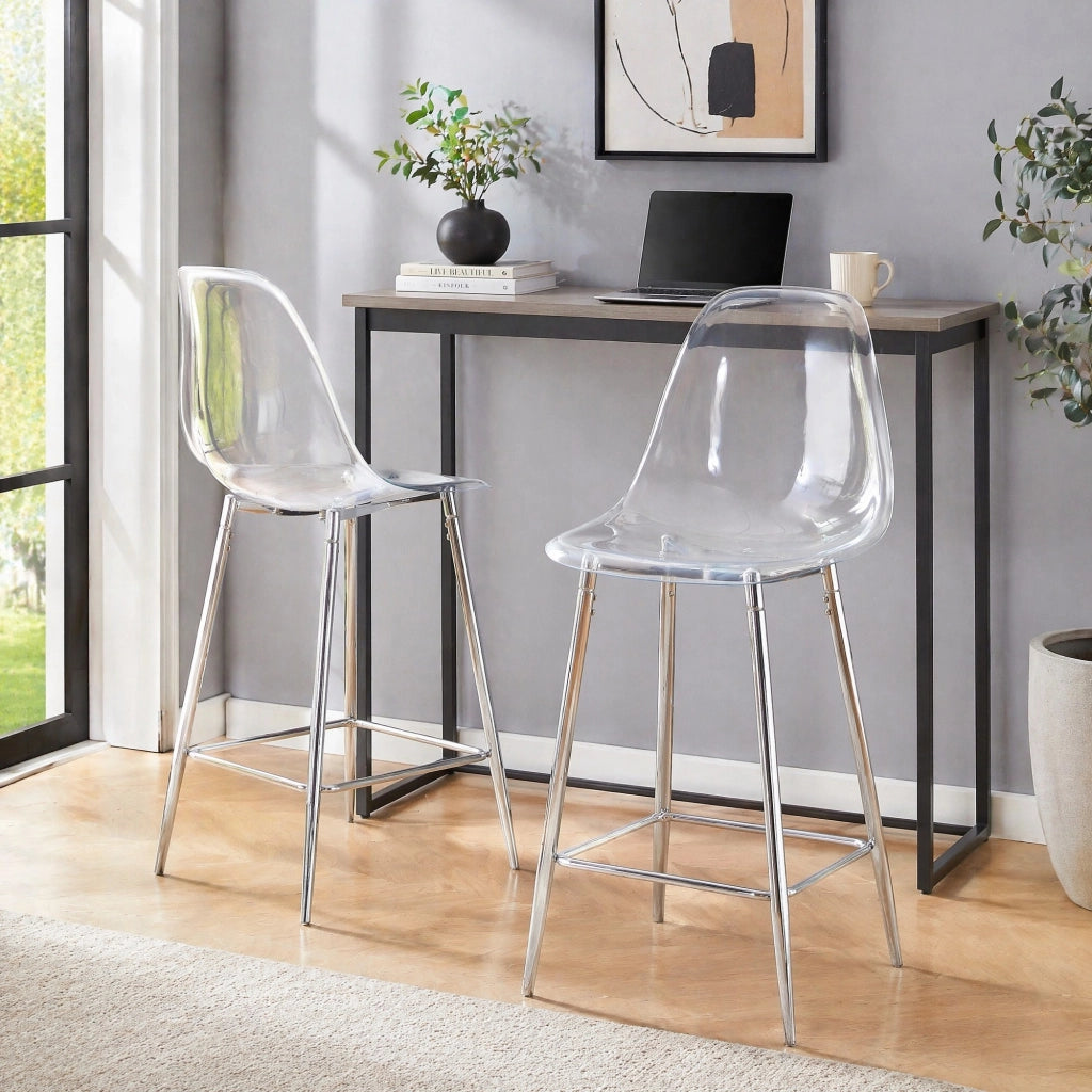 Sgabello da bar trasparente con struttura in metallo e poggiapiedi, design moderno in plastica argento
