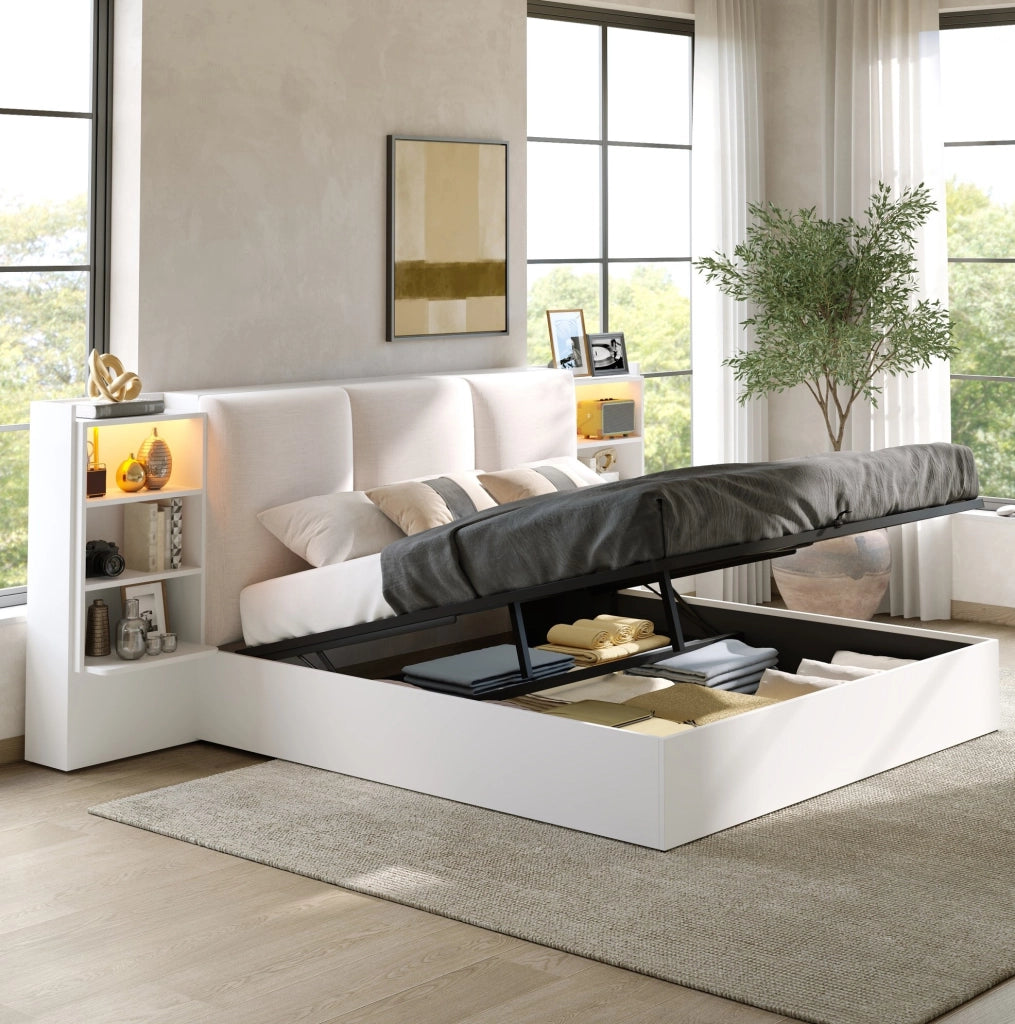 Letto a piattaforma 180x200 cm in MDF e compensato bianco con LED e contenitore –