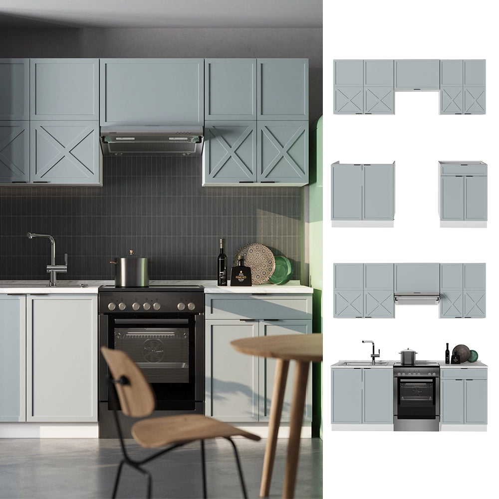 Cucina componibile Fame-Line Blu-grigio chiaro/Bianco 200 cm, PL Rovere Vicco