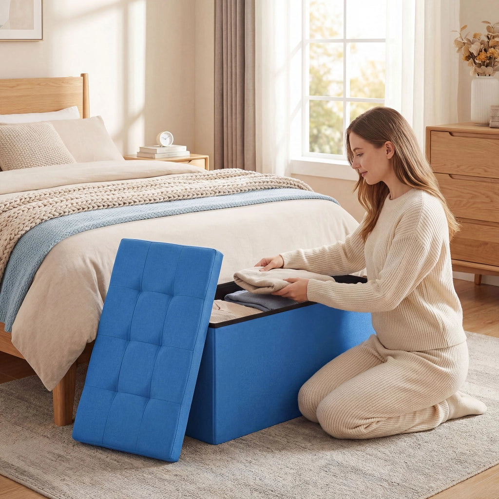 Pouf con contenitore ¨C zephmum ¨C blu, lino sintetico, 76x38x38 cm