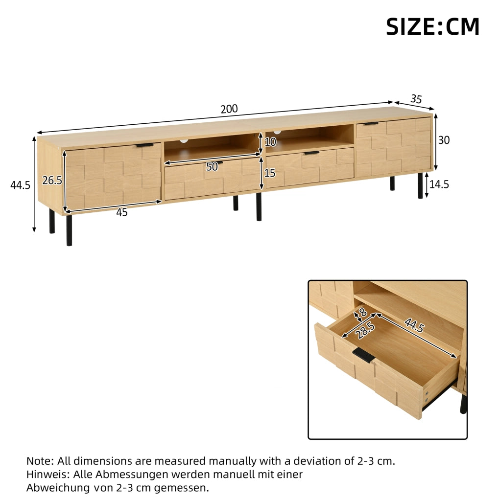 Mobile TV 200x35x44.5 cm con 2 cassetti; 2 ante e 2 vani aperti in MDF e truciolato naturale