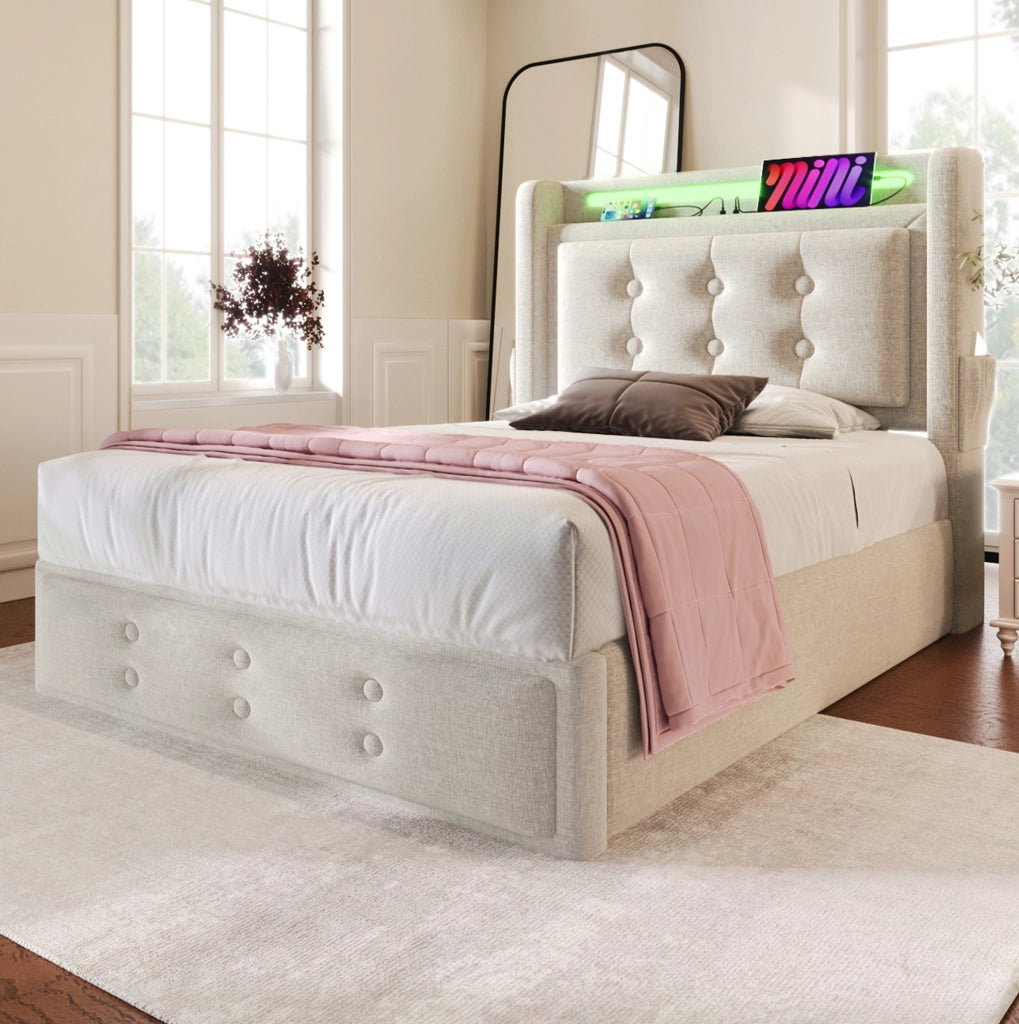 Letto singolo 90x200 cm imbottito in tessuto cotone e lino; con LED; USB e contenitore; beige