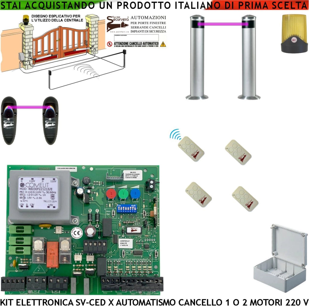 CENTRALINA CANCELLO ELETTRICO 2 ANTE 220 V 4 RADIOCOMANDI 2 FOTOCELLULE 2 PALINE TEMPI FORZA E FUNZIONE REGOLABILI MOTORI DI QUALSIASI MARCA
