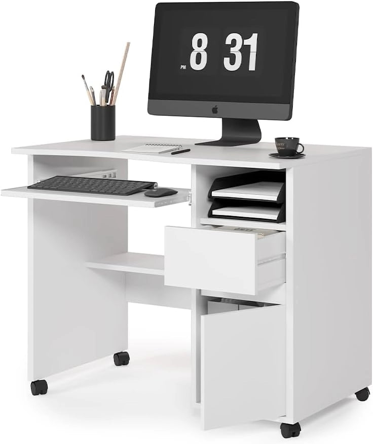 Scrivania Polo, Bianco, 91 x 59 cm, con ruote e piano di lavoro estraibile
