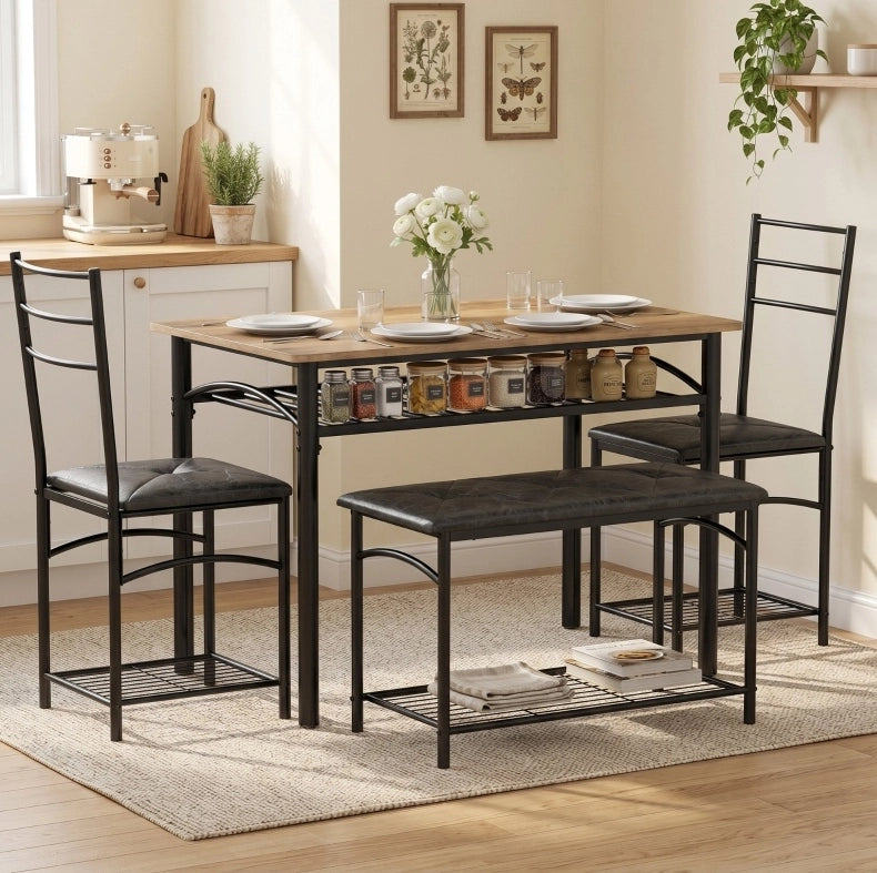 Set da pranzo industriale 4 posti con tavolo, panca e 2 sedie