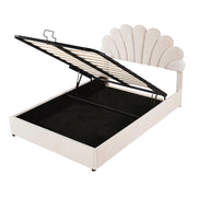 Letto Contenitore Matrimoniale 140x200 cm; con Testiera Floreale; in Velluto Beige