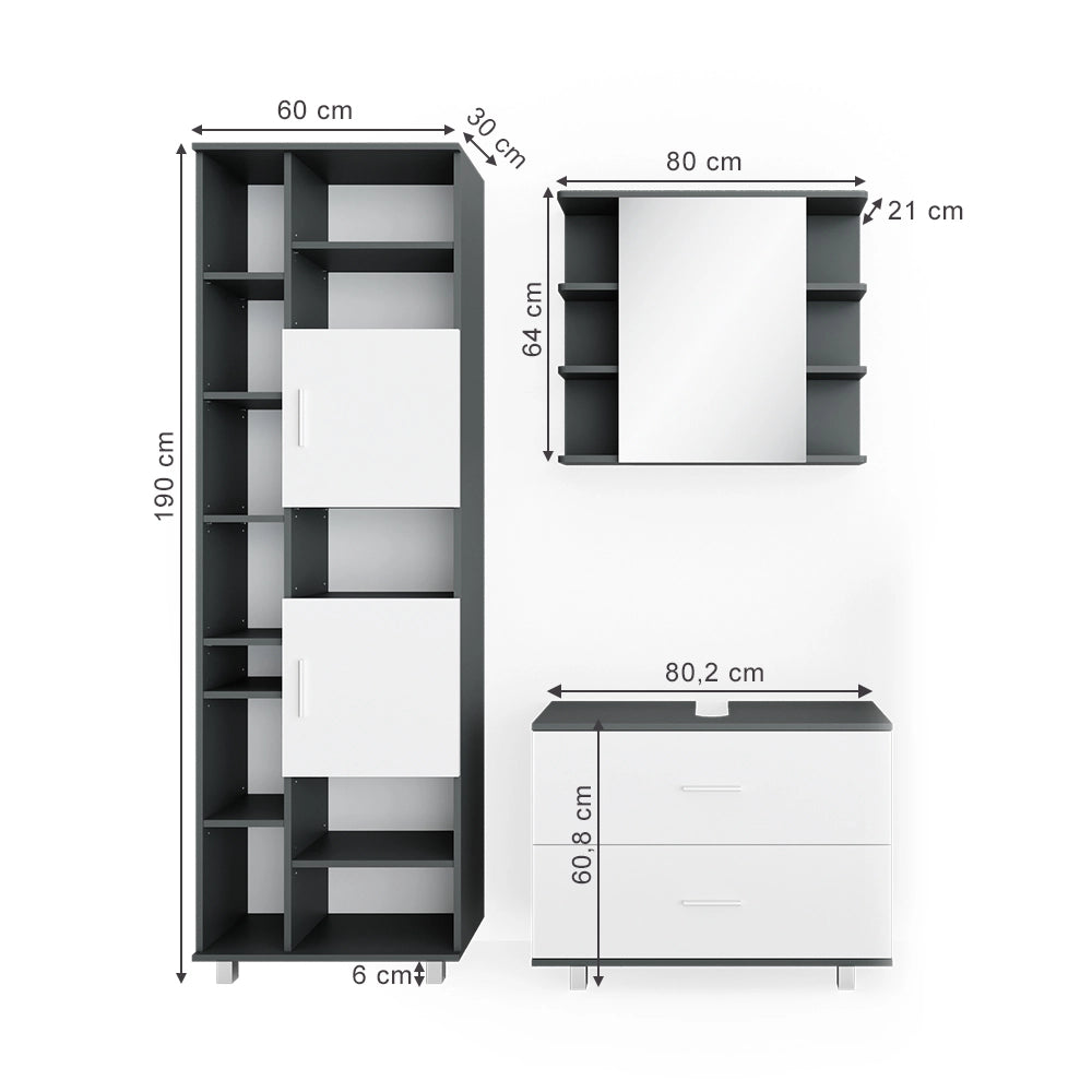 Vicco Set mobili bagno Bianco/antracite 3 parti, con colonna