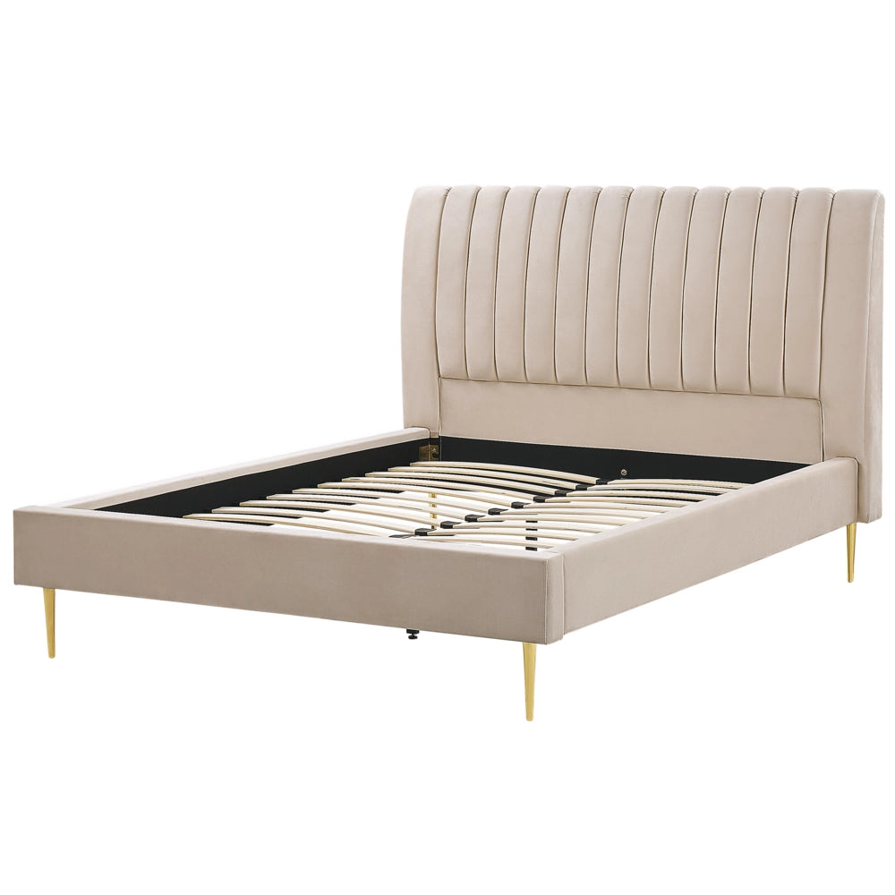 Letto imbottito velluto beige sabbia e oro rete a doghe testiera alta 160 x 200 cm testata alta design retrò