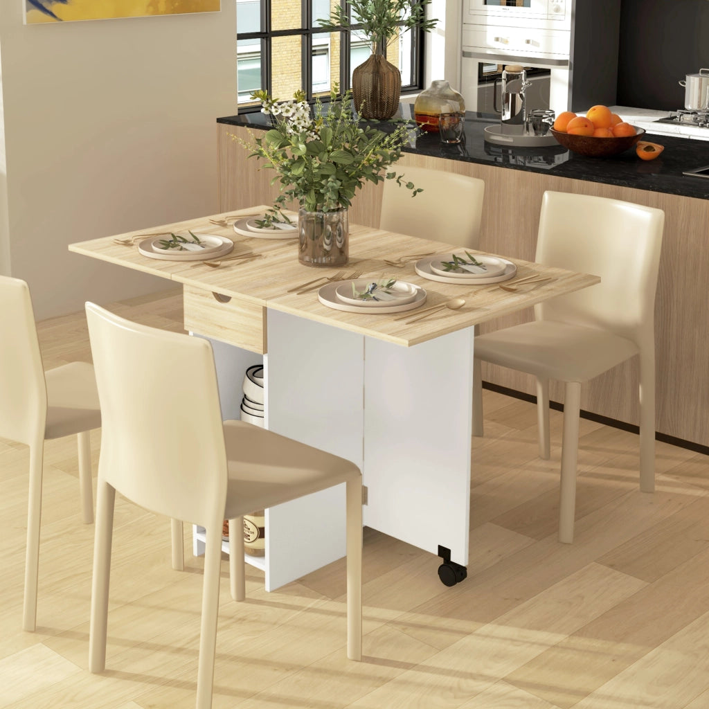 Tavolo da Cucina Pieghevole con Ruote e Cassetto ¨C Zephmum ¨C Roble e Bianco 120x72x75 cm