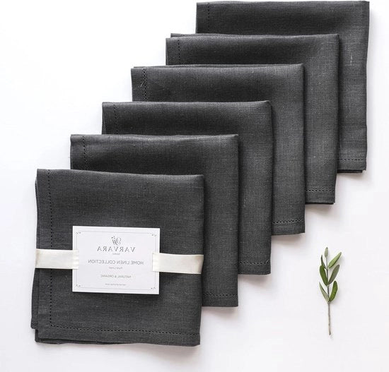 Set di 6 Serviette in Lino con Finitura Hemstitch - Robusta e Pratica 45x45 cm Blu Notte