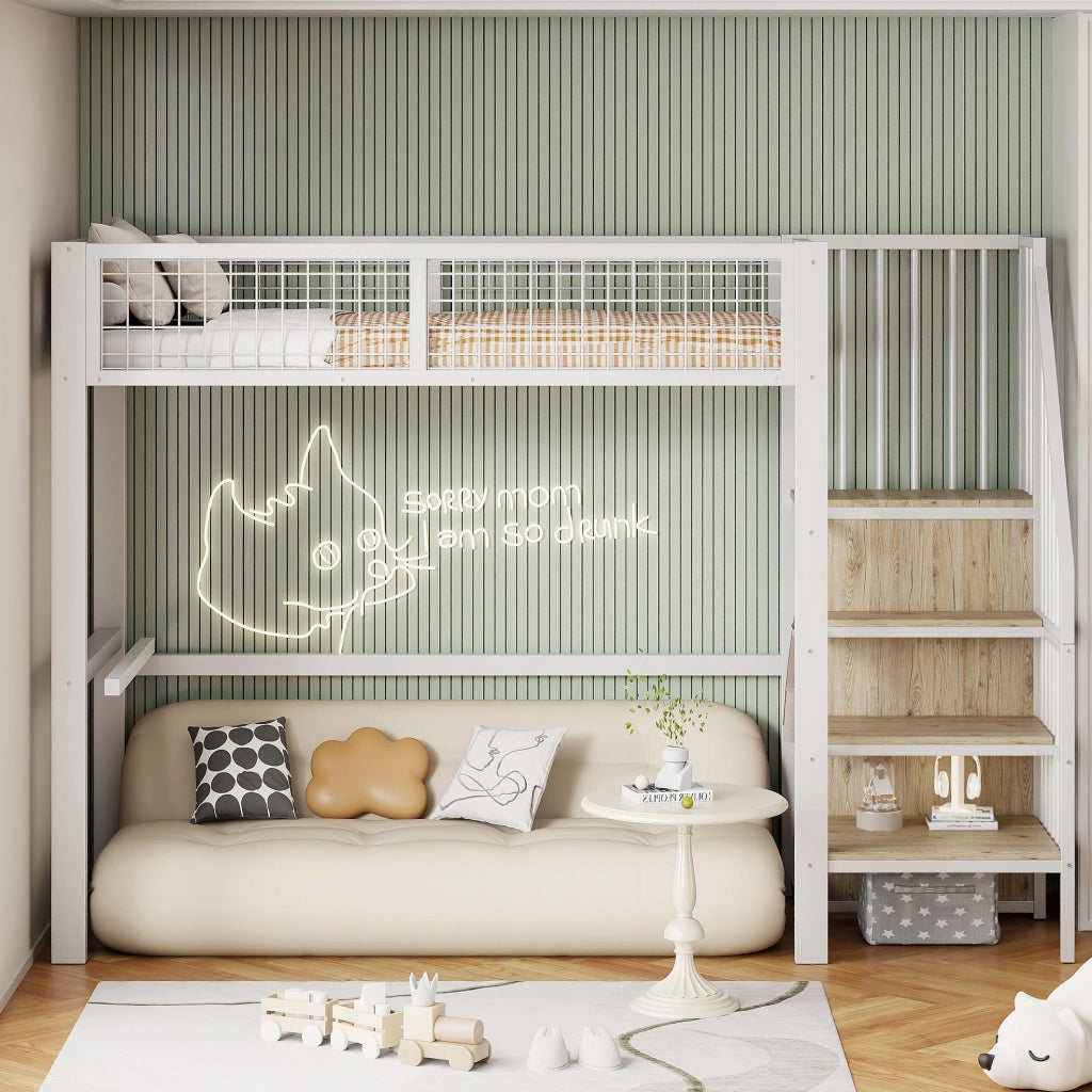 Letto a soppalco 90x200 cm bianco in metallo con scala e armadio