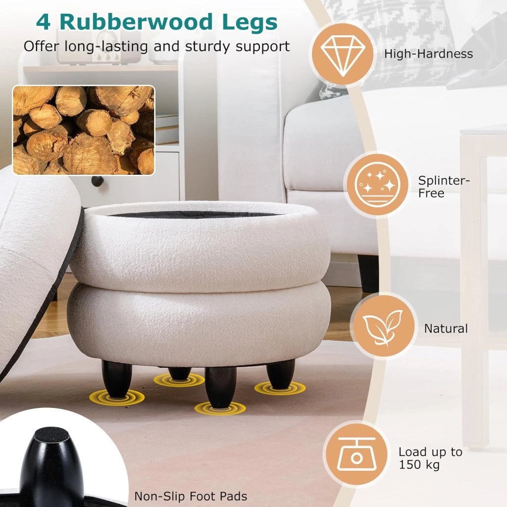Pouf Contenitore con Coperchio Rimovibile, Pouf Rotondo in Ciniglia con Piedi in Legno di Gomma, Portata 150 Kg, Sgabello Contenitore Moderno per Soggiorno e Camera da Letto, 40,5 x 44,5 cm