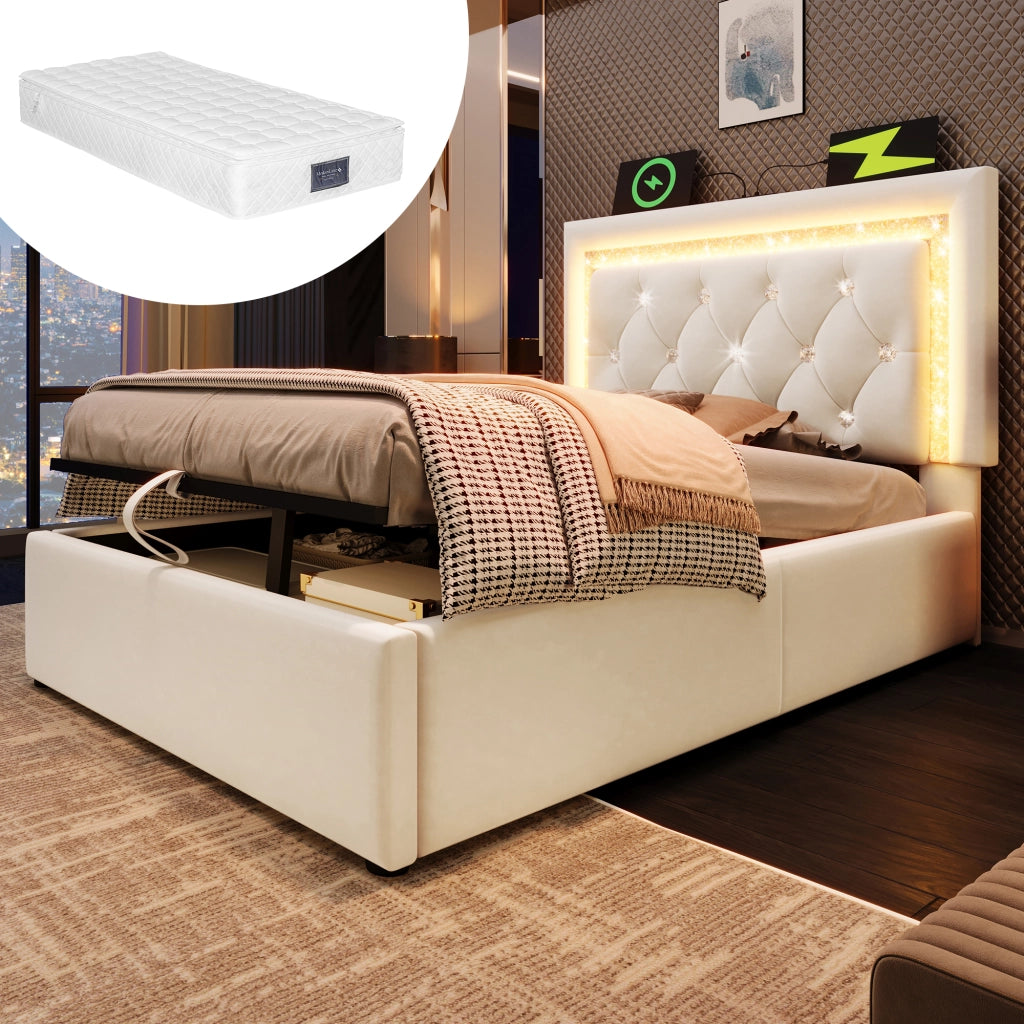 Letto Contenitore Letto Singolo 90x200 cm; Contenitore; LED; USB e Type-C in Velluto Beige