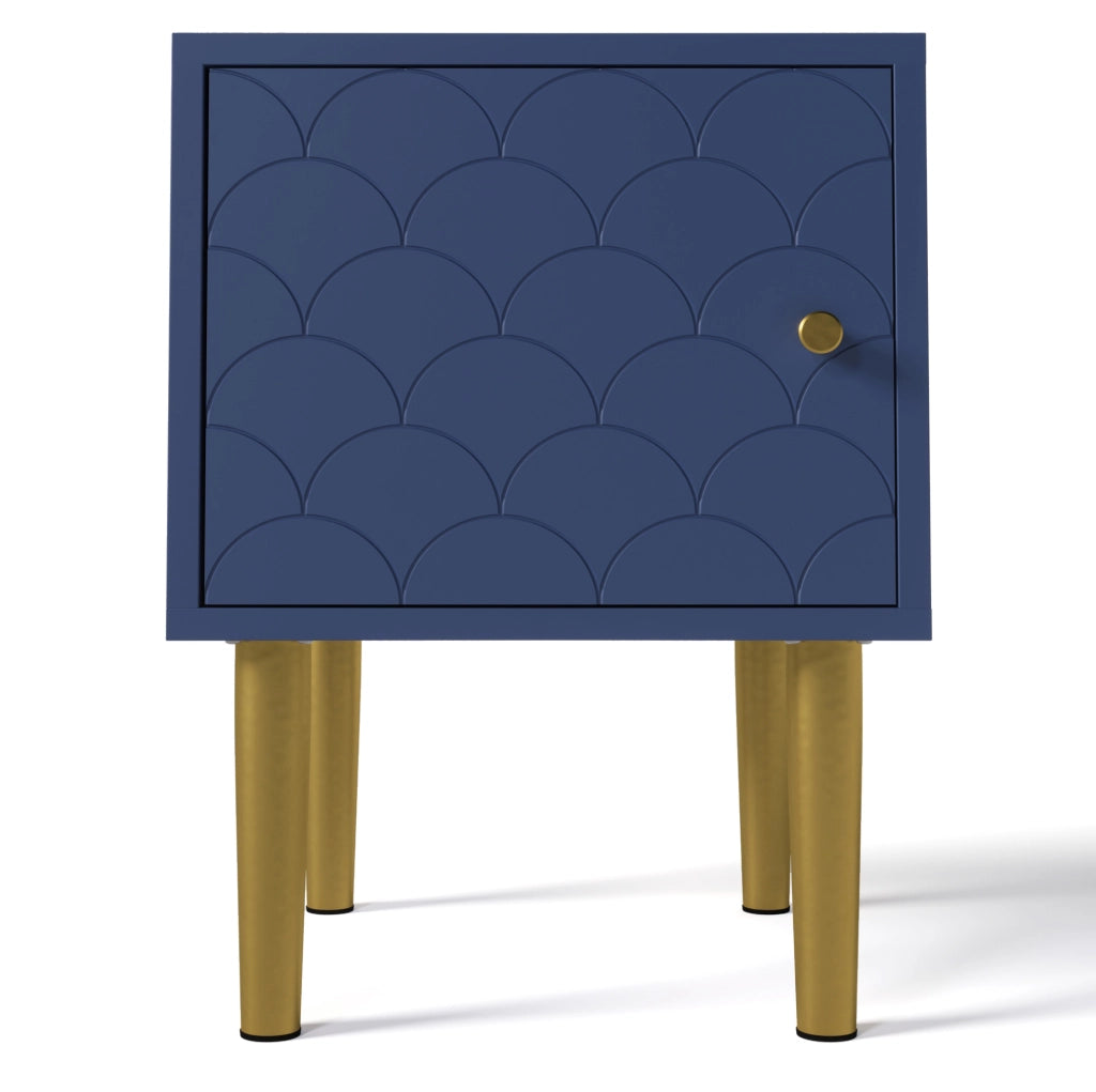 Comodino moderno con anta e motivo a scaglie; 35x35x51 cm; blu navy in legno e metallo