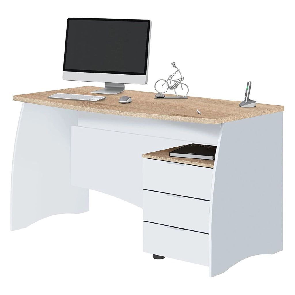 Scrivania Azziz, Scrittoio da ufficio, Tavolo da studio porta PC con 3 cassetti, cm 136x67h74, Bianco e Rovere