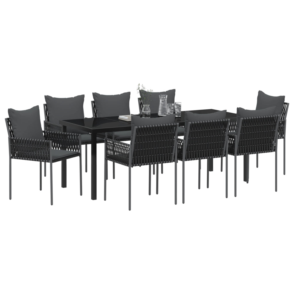 Set da pranzo da giardino 9 pezzi con cuscini in polyrattan nero