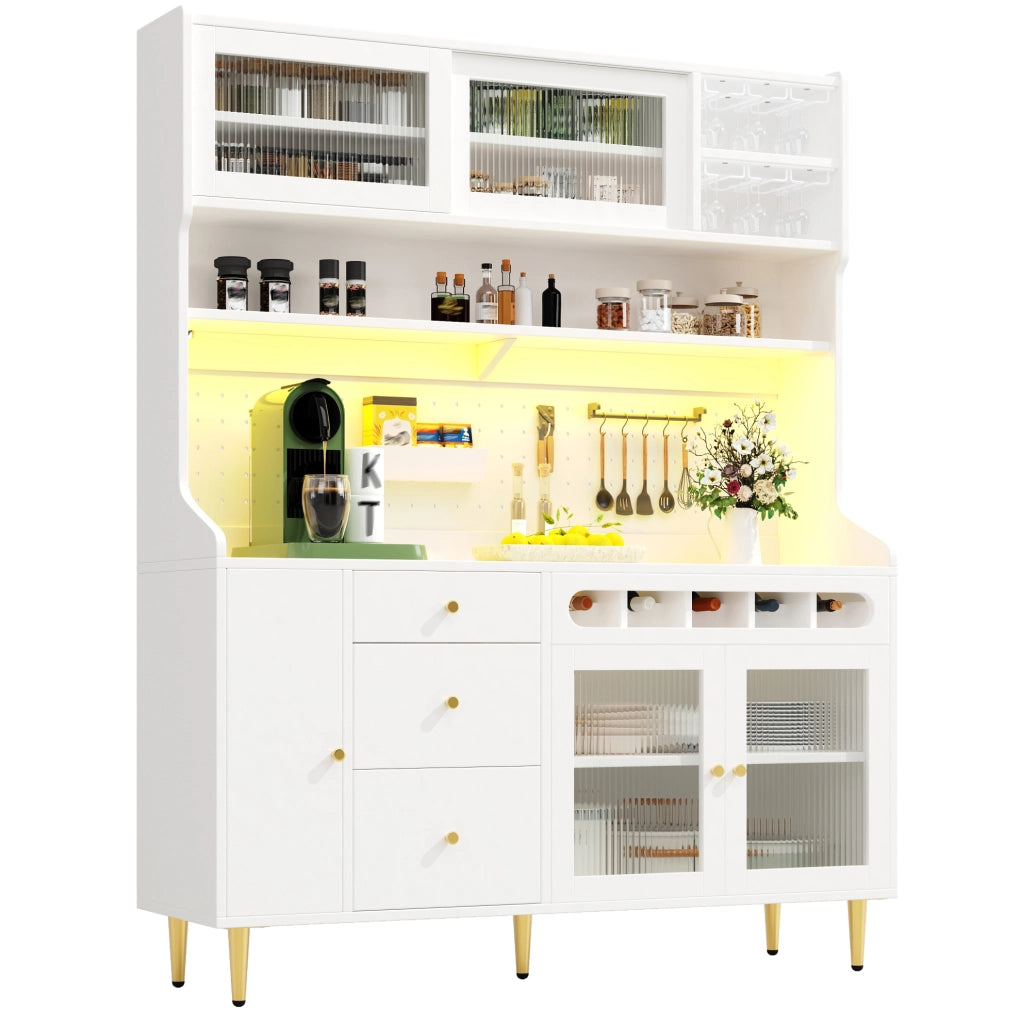 Credenza alta 145x39x171 cm bianca in MDF, LED, portabottiglie e ripiani regolabili