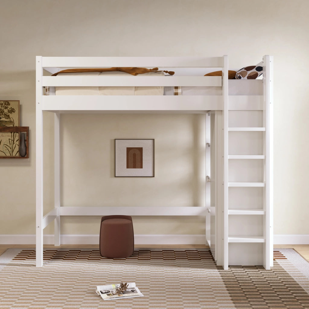 OKWISH Letto a soppalco 90×200 cm, Letto Singolo con Armadio, 6 Ripiani e Barra appendiabiti, senza Materasso, in Legno, Bianco