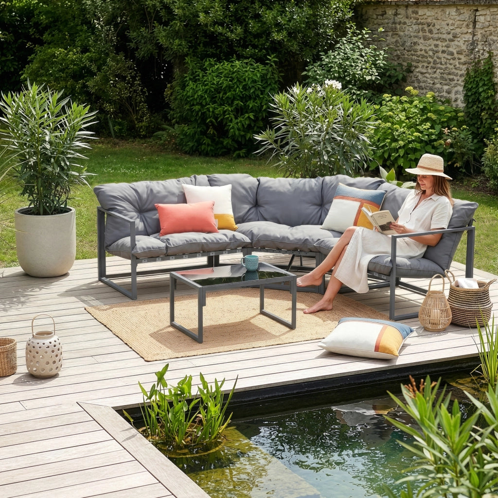 Set Salottino per Esterno Karg Divano Modulare a 3 pezzi e Tavolino con Piano in Vetro Nero Mobili da Giardino- Grigio Scuro casa.pro