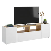 Mobile porta TV Vulcano, Credenza bassa da soggiorno, Madia da salotto per televisione, 142x35h44 cm, Bianco e Rovere Nodi