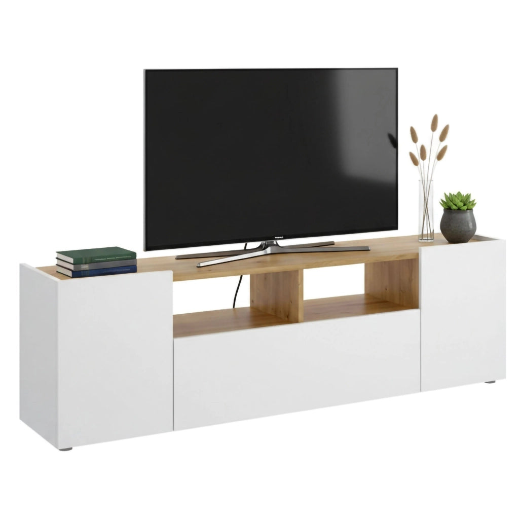 Mobile porta TV Vulcano, Credenza bassa da soggiorno, Madia da salotto per televisione, 142x35h44 cm, Bianco e Rovere Nodi