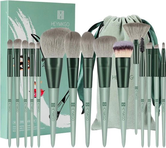 Set di pennelli per trucco a mano 15 pezzi Capelli sintetici premium Colore verde Manico conico Pennello kabuki per fondotinta Set di pennelli per trucco facciale, labbra e occhi Professionale con borsa di flanella portatile con cinturino di trasporto