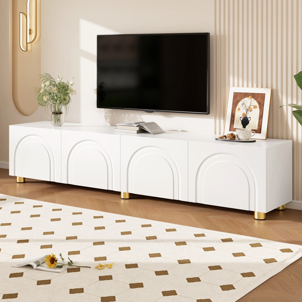 Mobile TV con 4 ante e rilievo ad arco; per soggiorno; in MDF e truciolare; bianco; 180×35×40 cm