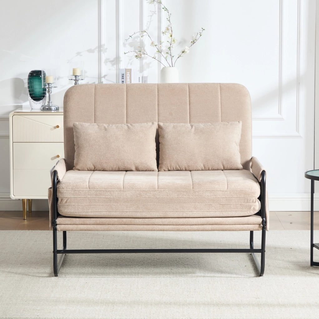 Divano letto 2 posti trasformabile in chenille kaki con struttura in metallo; 104x85x92 cm