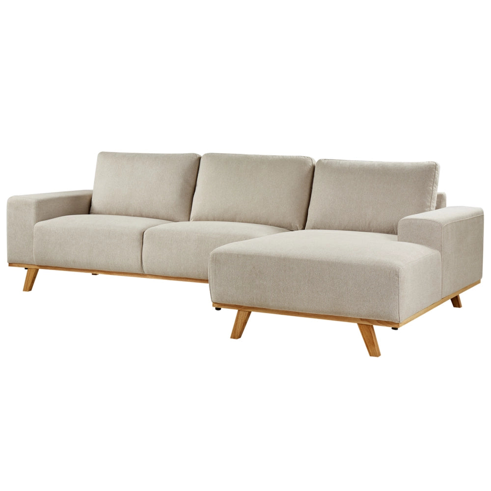 Divano angolare Beige Rivestimento in tessuto di poliestere Gambe in legno chiaro Schienale con cuscino Design moderno